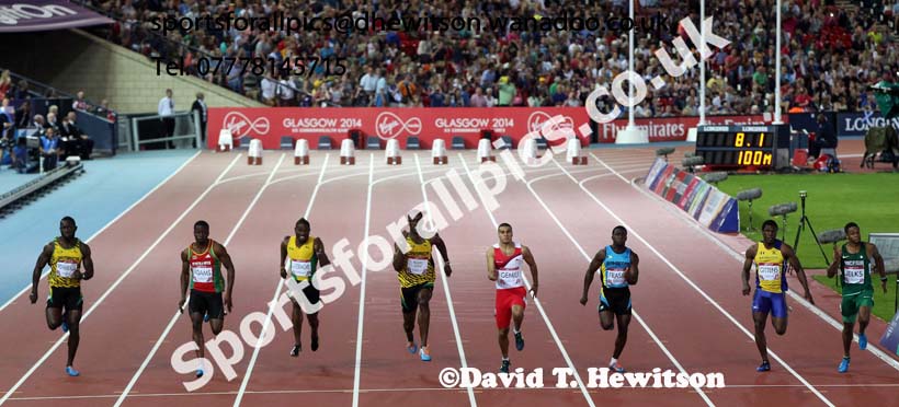 Kemar Bailey-Cole (Jamaica) wins from Adam Gemili (England) in the 100 metres at the Commonwealth Games, Glasgow. Photo: David T. Hewitson/Sports for All Pics